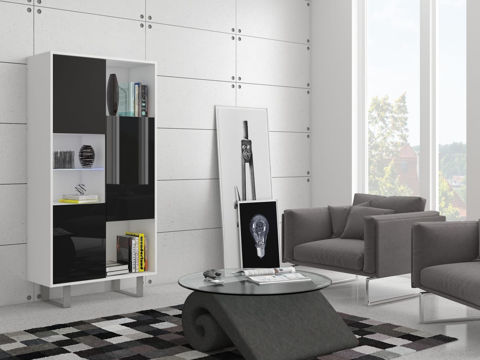 KING 6 vitrína, bílá/černý lesk