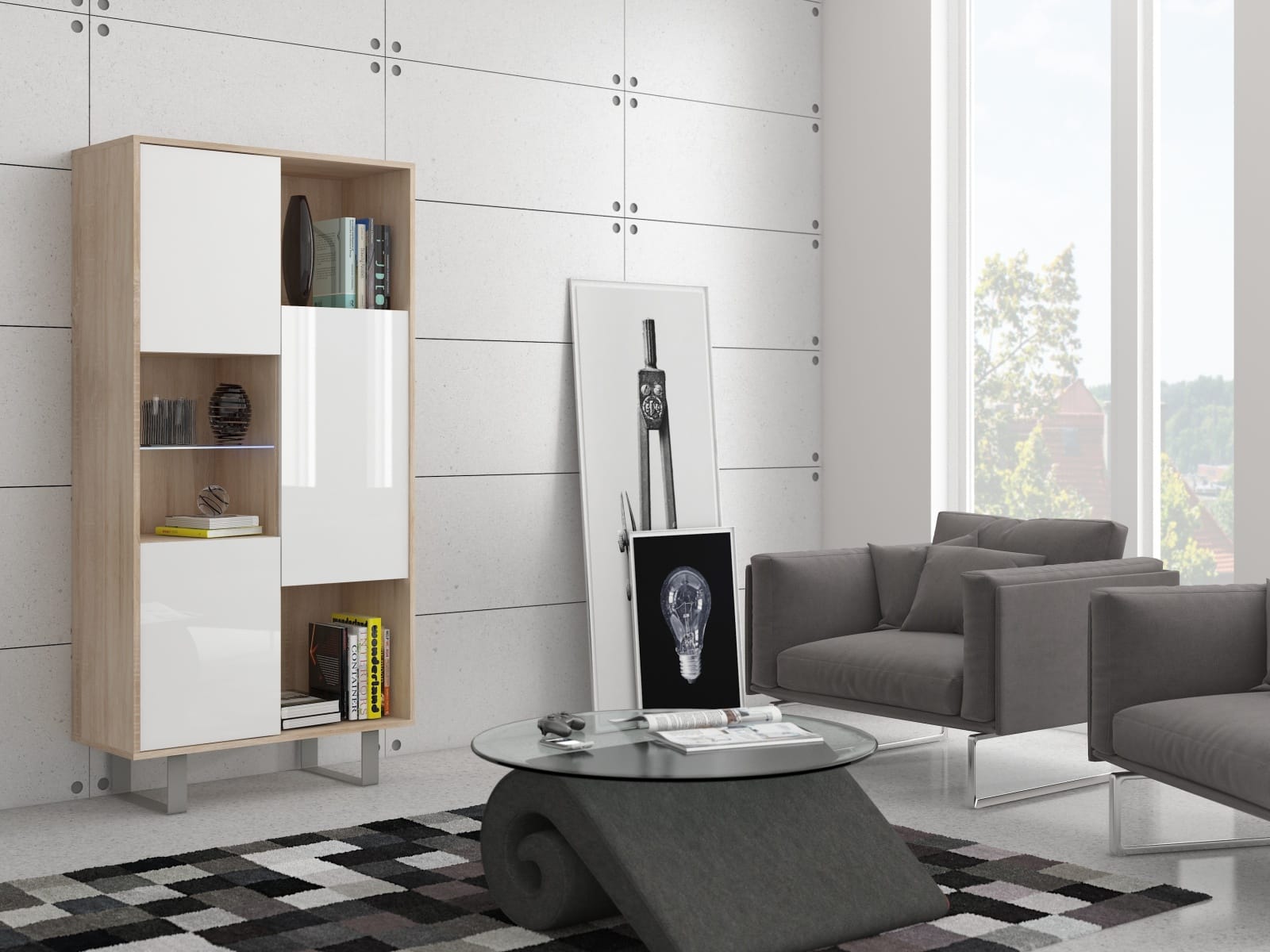 KING 6 vitrína, dub sonoma/bílý lesk