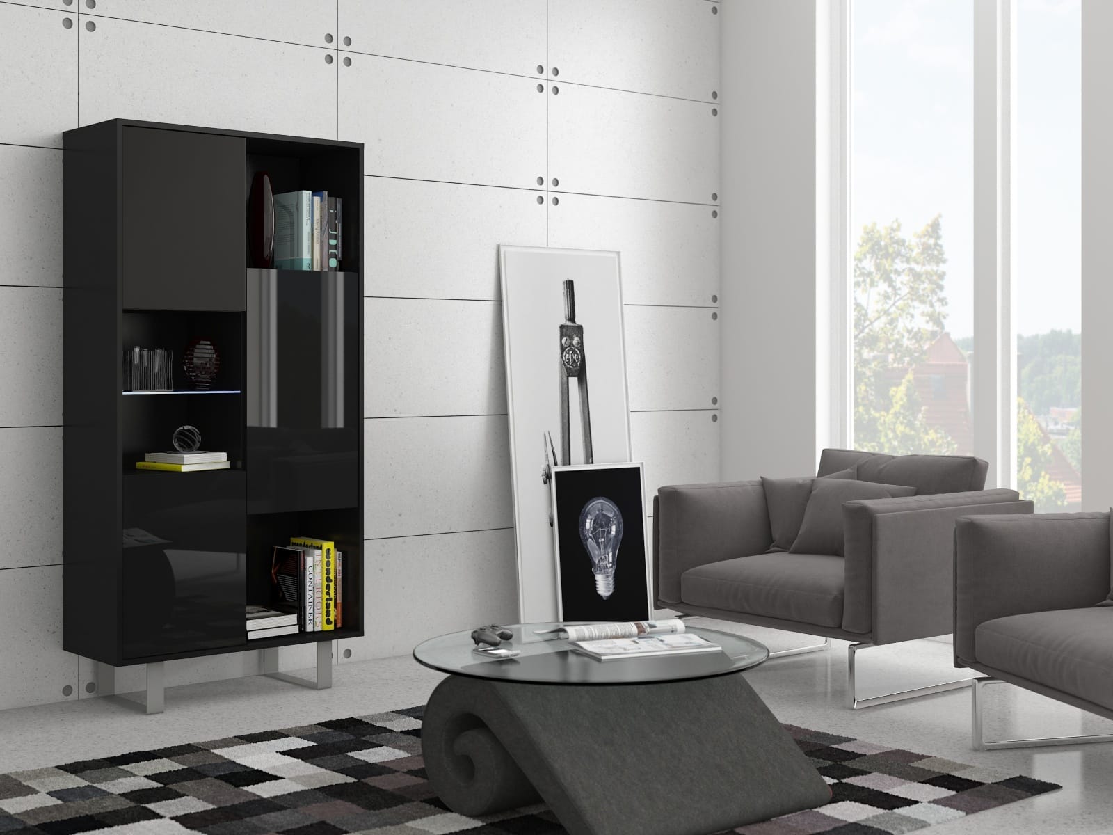 KING 6 vitrína, černá/černý lesk