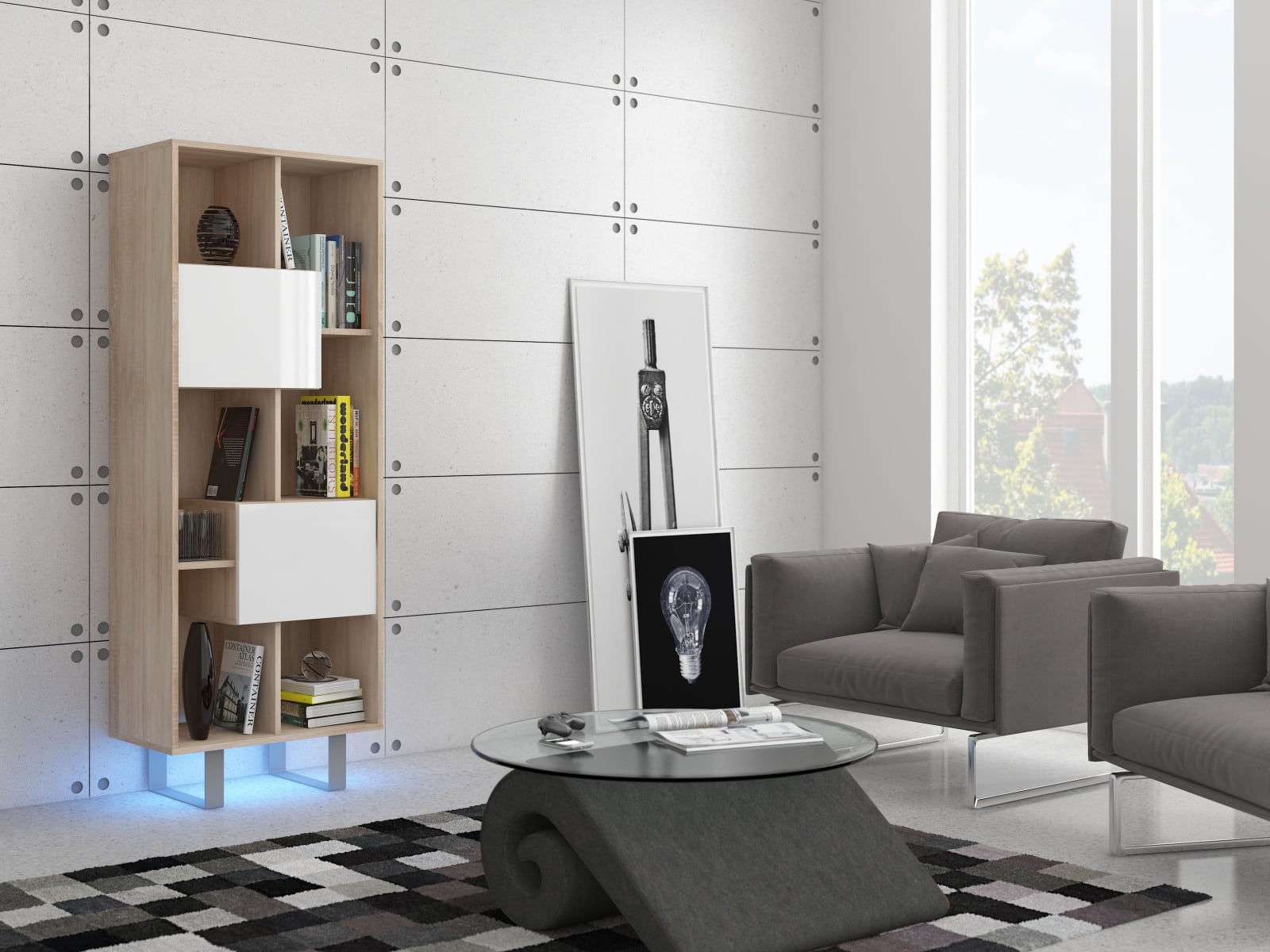 KING 7 vitrína, dub sonoma/bílý lesk