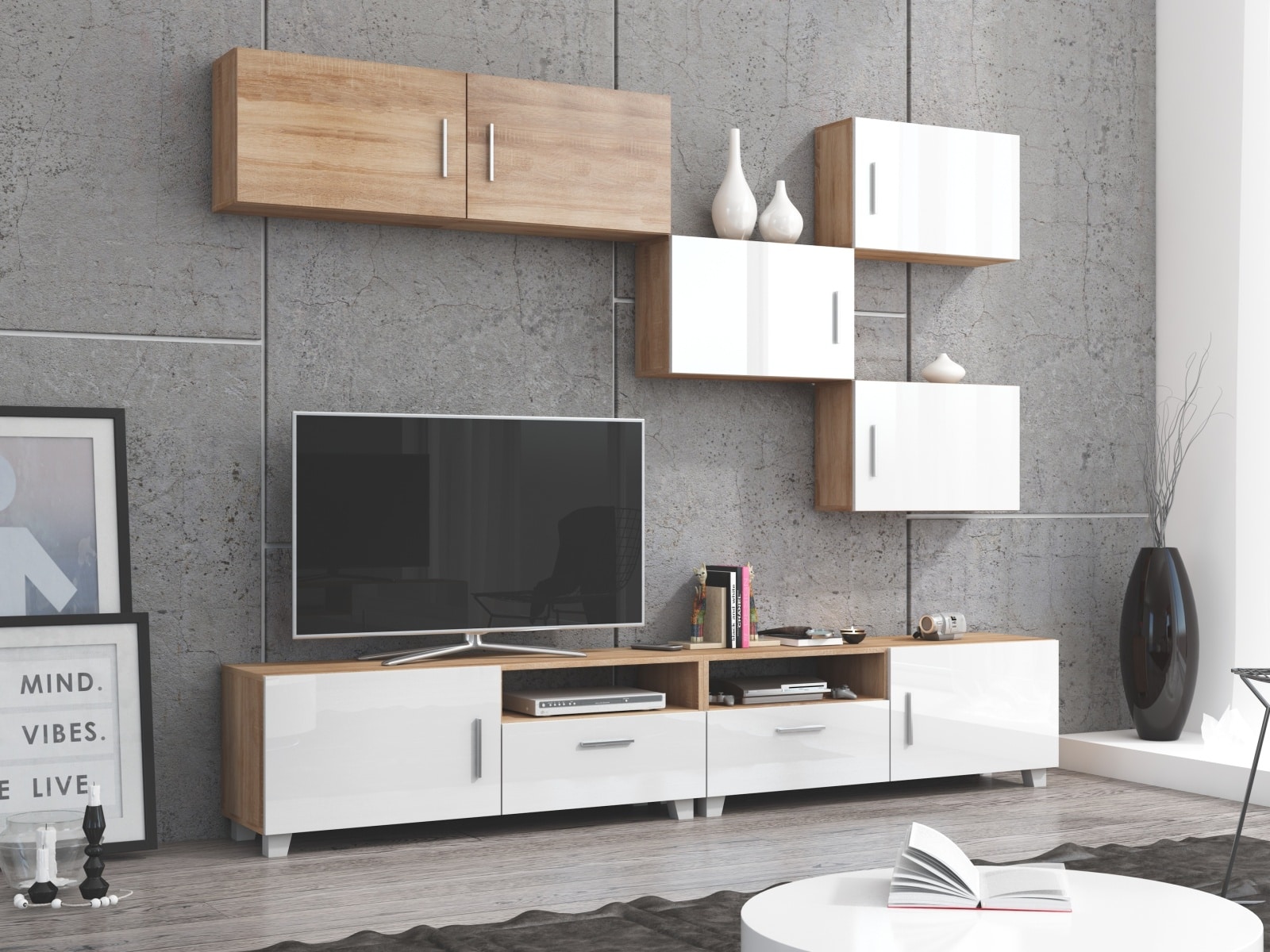 KUGA obývací stěna, dub sonoma/bílý lesk