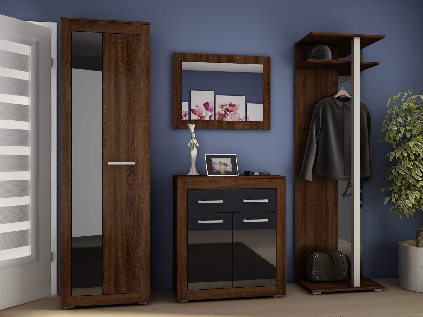 Předsíň NERON, dub sonoma tmavý/černý lesk