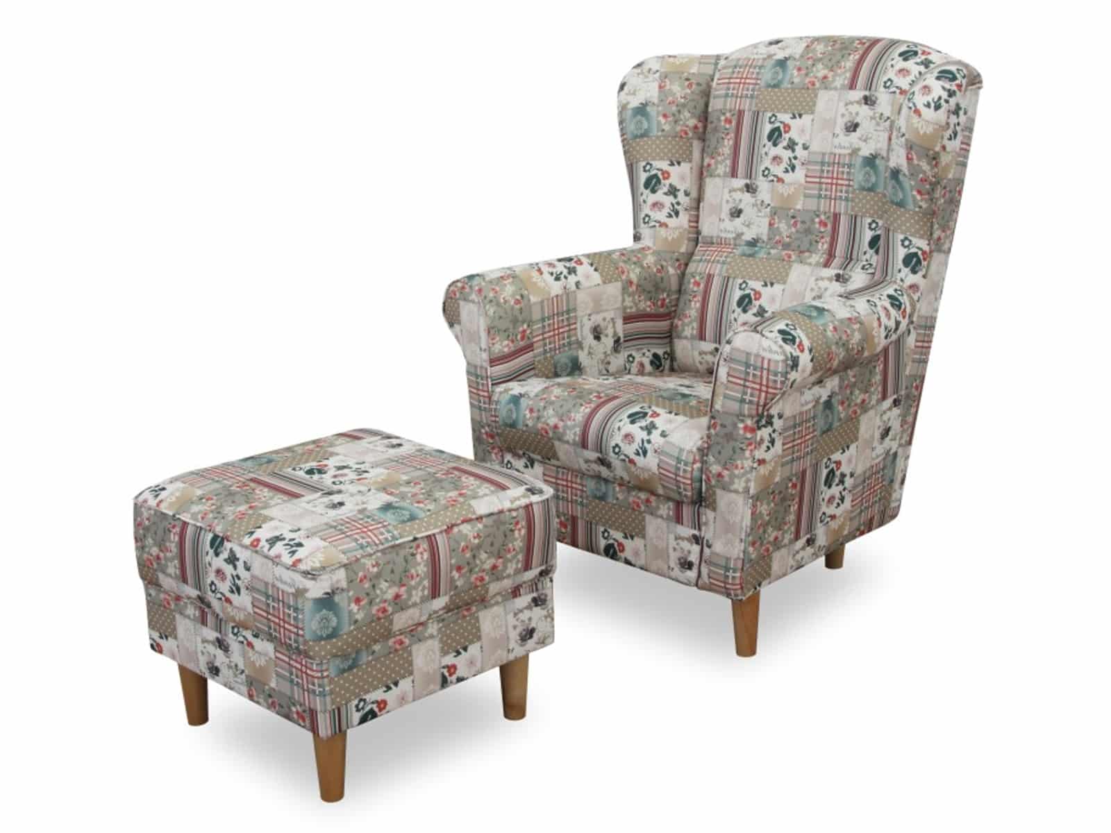 Křeslo ušák ASTRID s taburetem, látka patchwork Viorica 1
