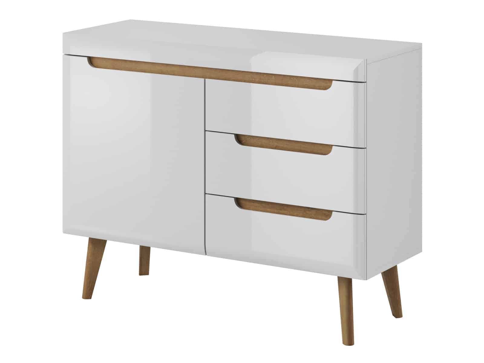 Komoda NORDI NKSZ107, bílá/bílý lesk/dub riviera