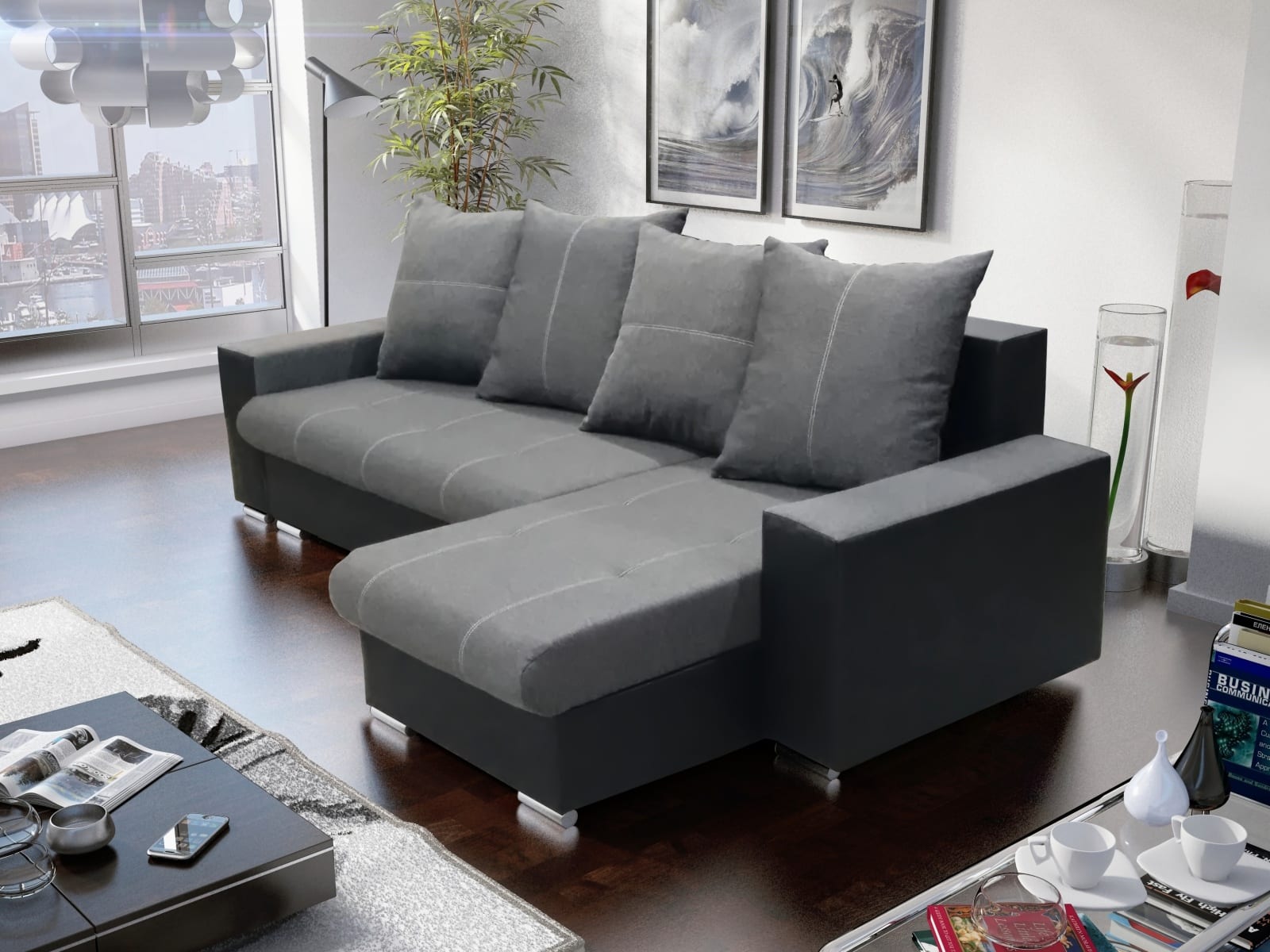 Rohová sedačka GORDI 1, šedá látka/černá ekokůže