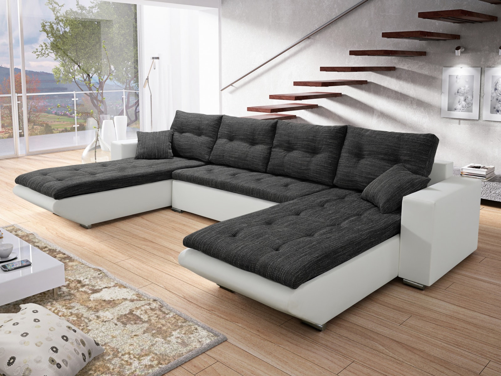 Rohová sedačka DARLA U 2, černá látka/bílá ekokůže