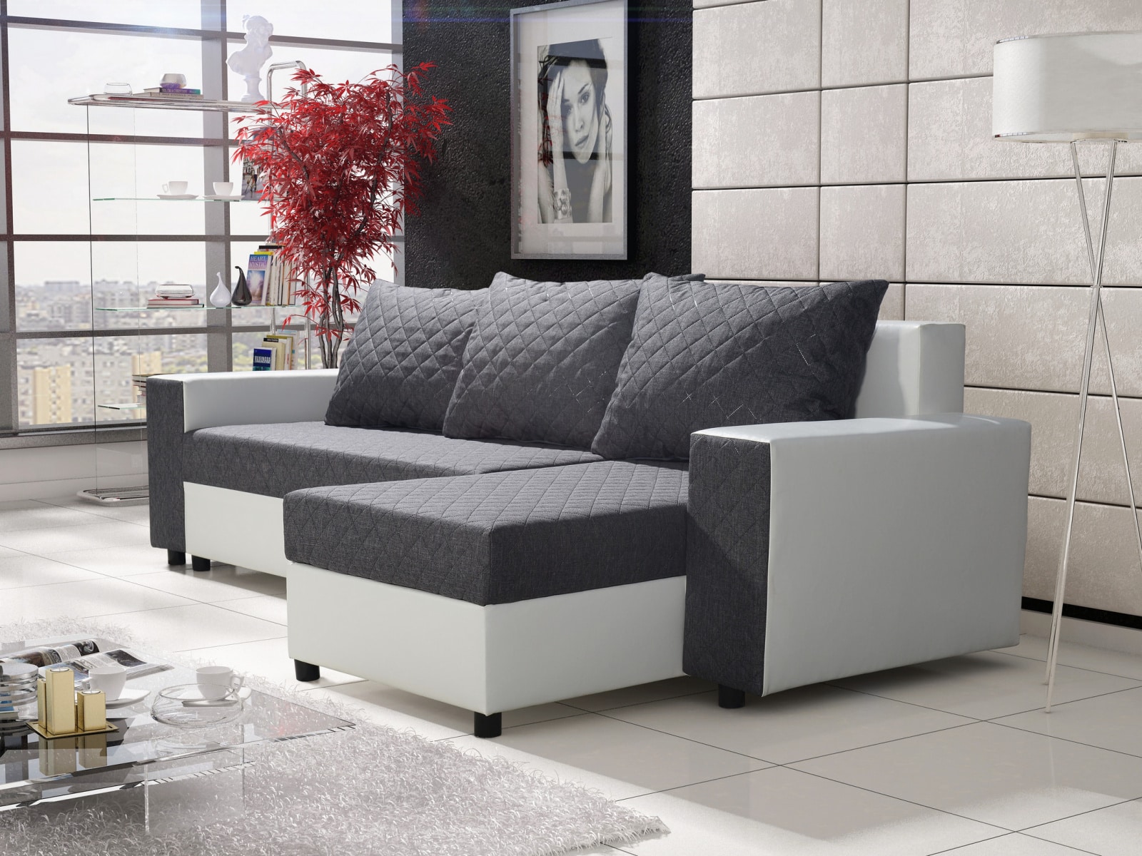 Rohová sedačka FIESTA 3, šedá látka/bílá ekokůže