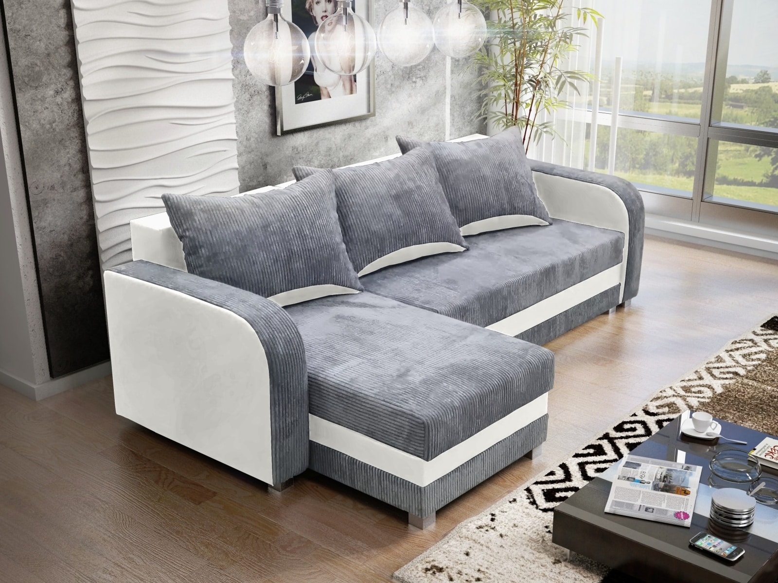 Rohová sedačka LUTON 3, šedý manšestr/bílá ekokůže