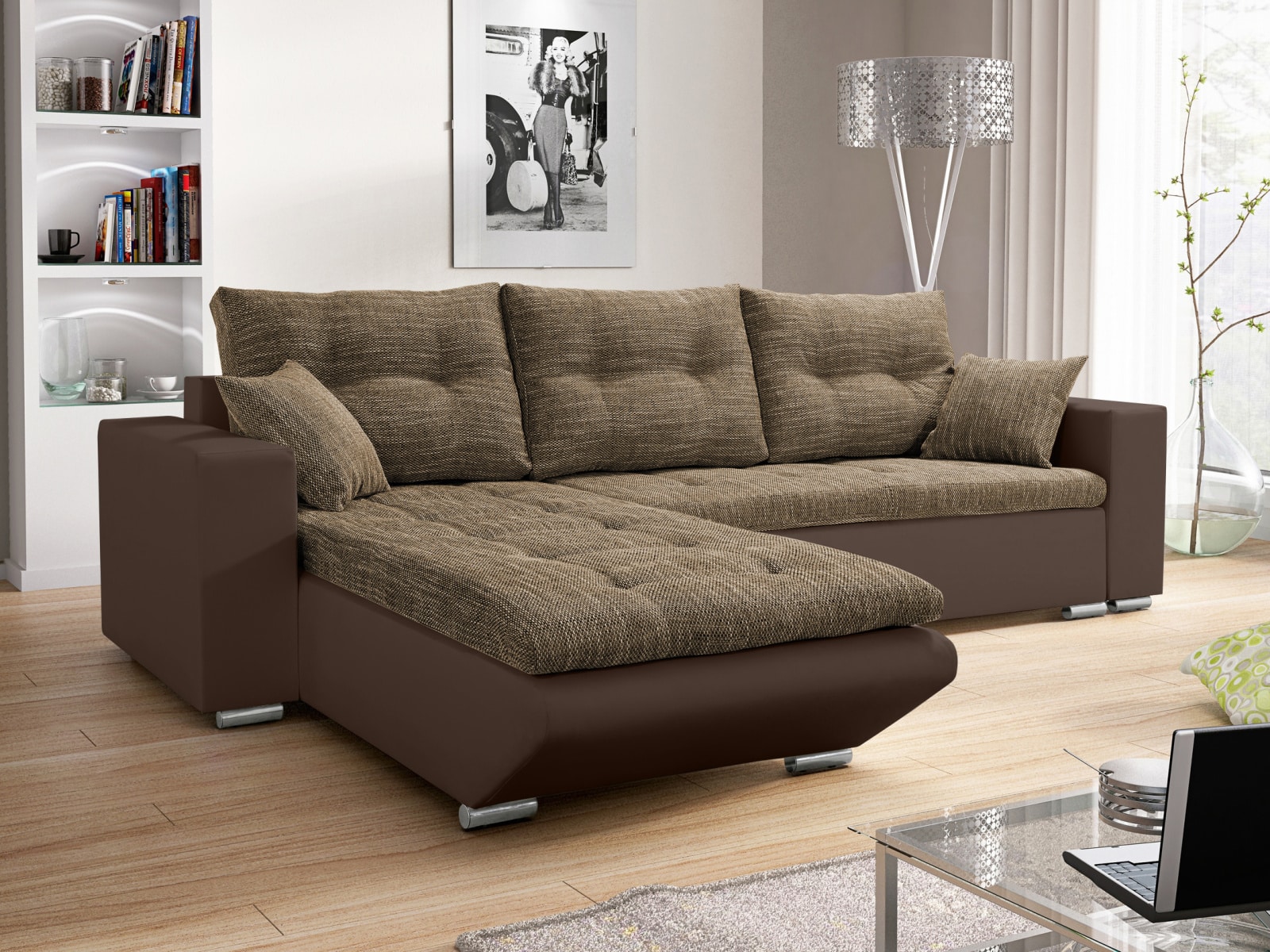 Rohová sedačka DARLA 4, hnědá látka/hnědá ekokůže