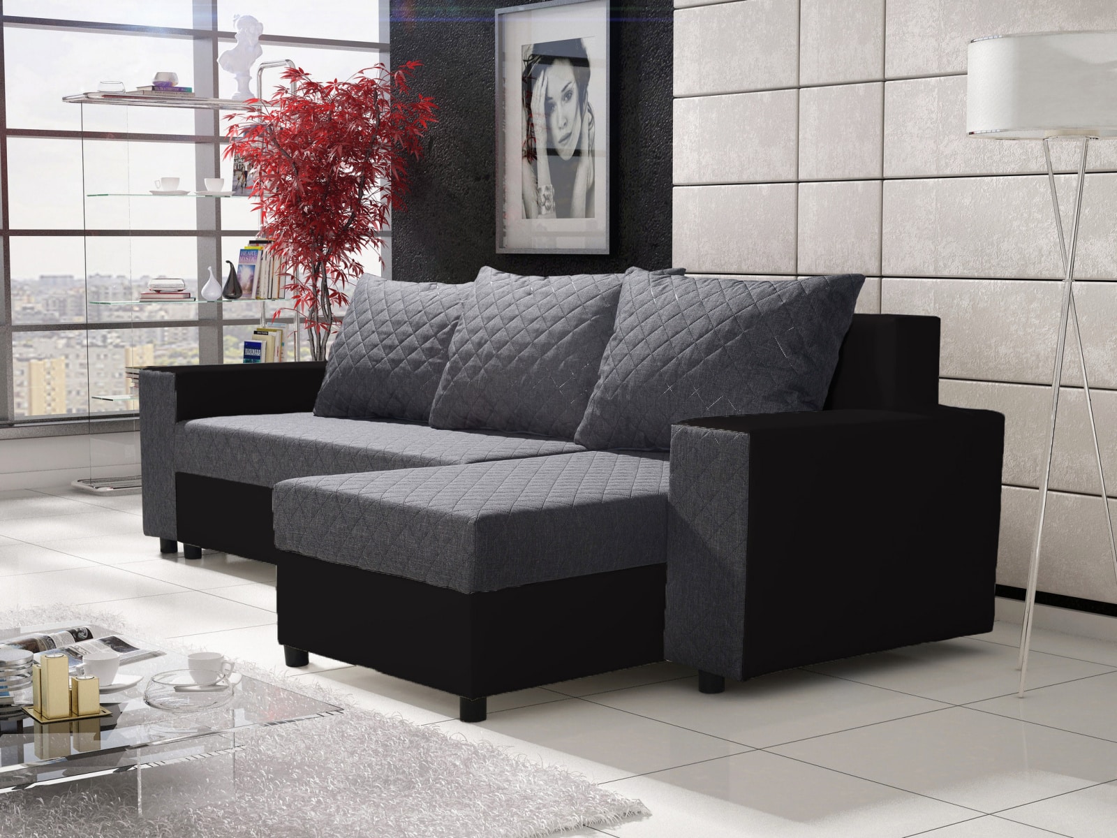 Rohová sedačka FIESTA 4, šedá látka/černá ekokůže