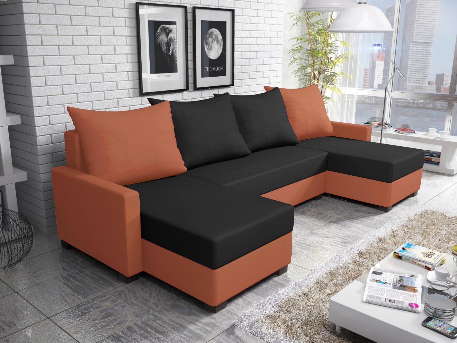 Rohová sedačka FIESTA U 4, černá látka/oranžová látka