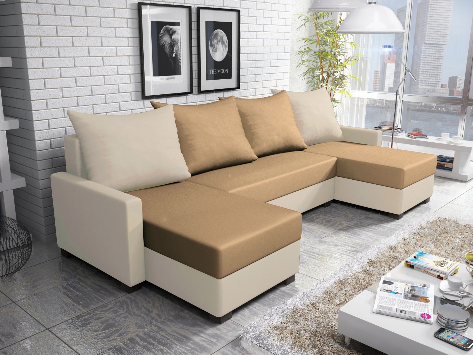 Rohová sedačka FIESTA U 5, hnědá látka/krémová látka