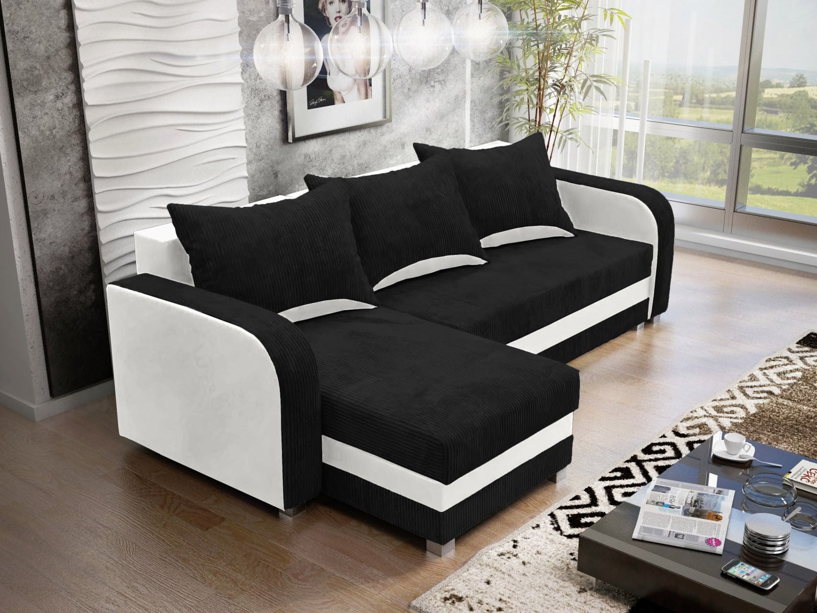 Rohová sedačka LUTON 5, černý manšestr/bílá ekokůže