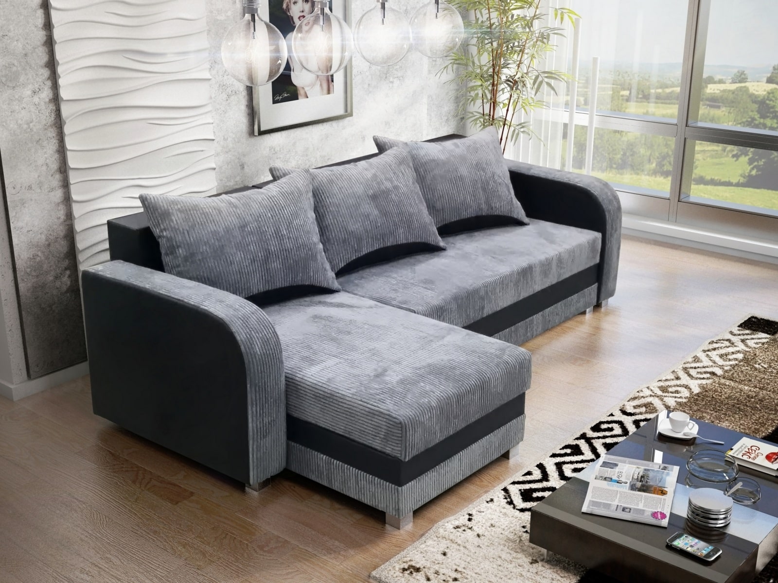 Rohová sedačka LUTON 6, šedý manšestr/černá ekokůže