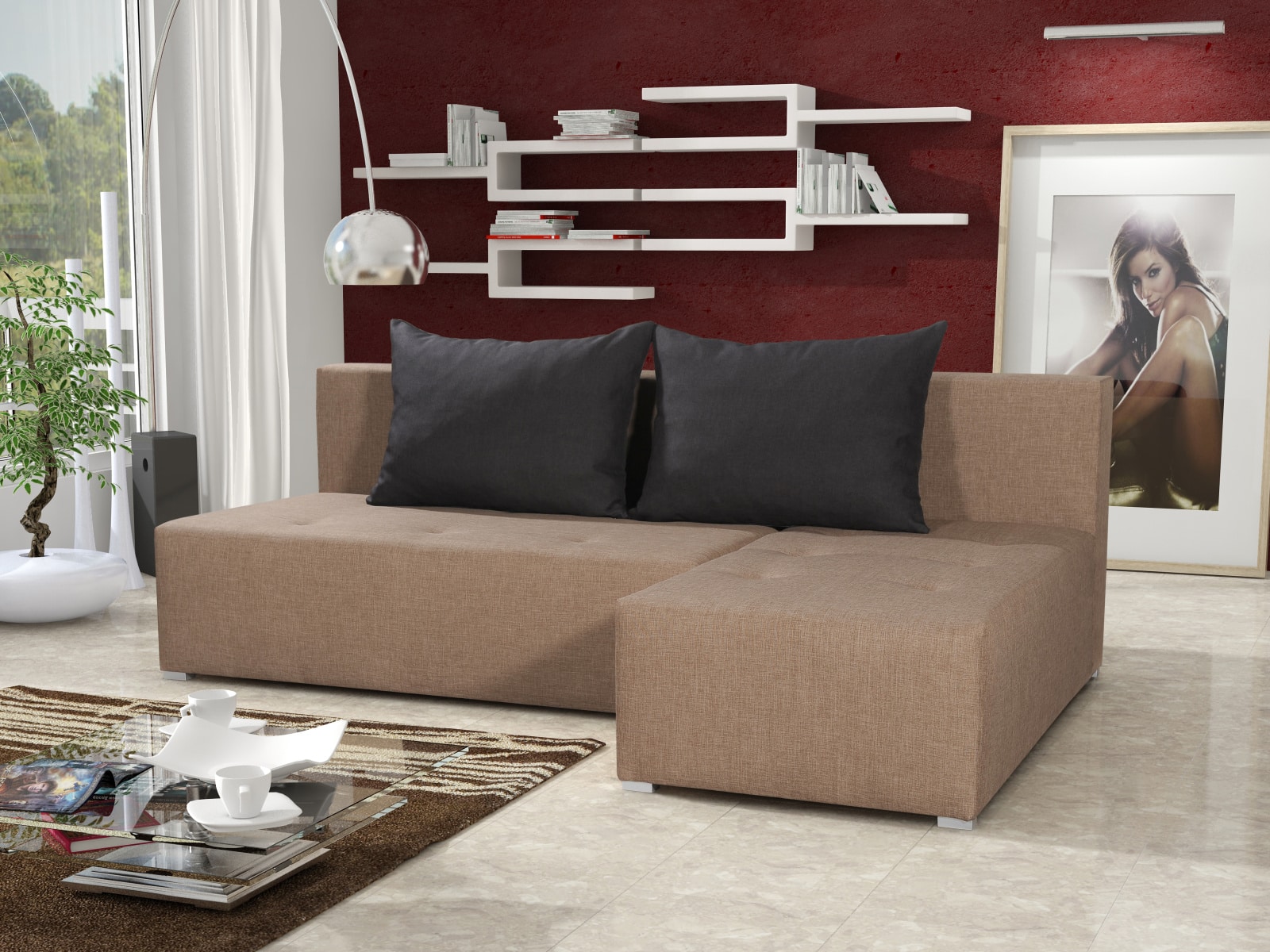 Rohová sedačka PORTO, béžová látka/hnědá látka