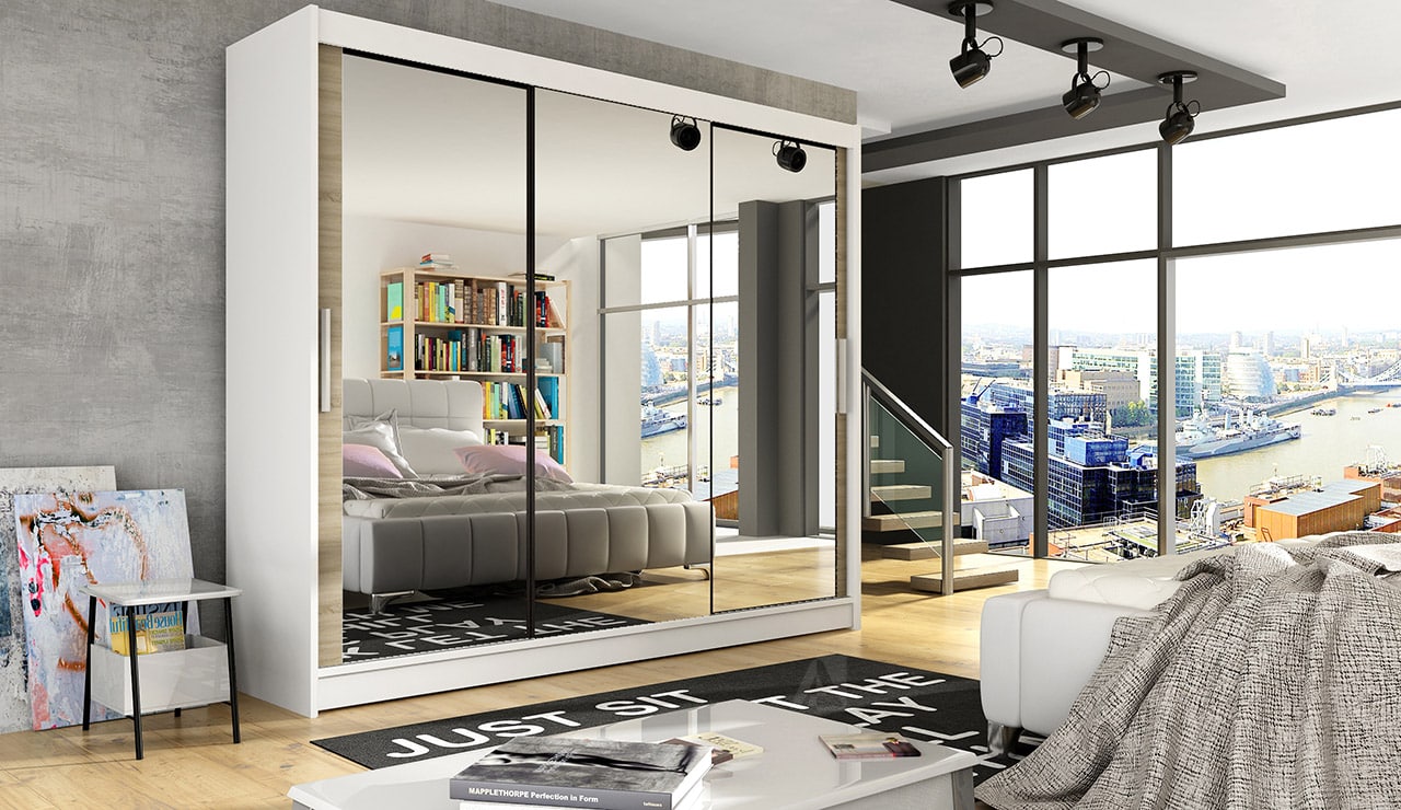 Šatní skříň ASTON III, bílý mat/dub sonoma/zrcadlo