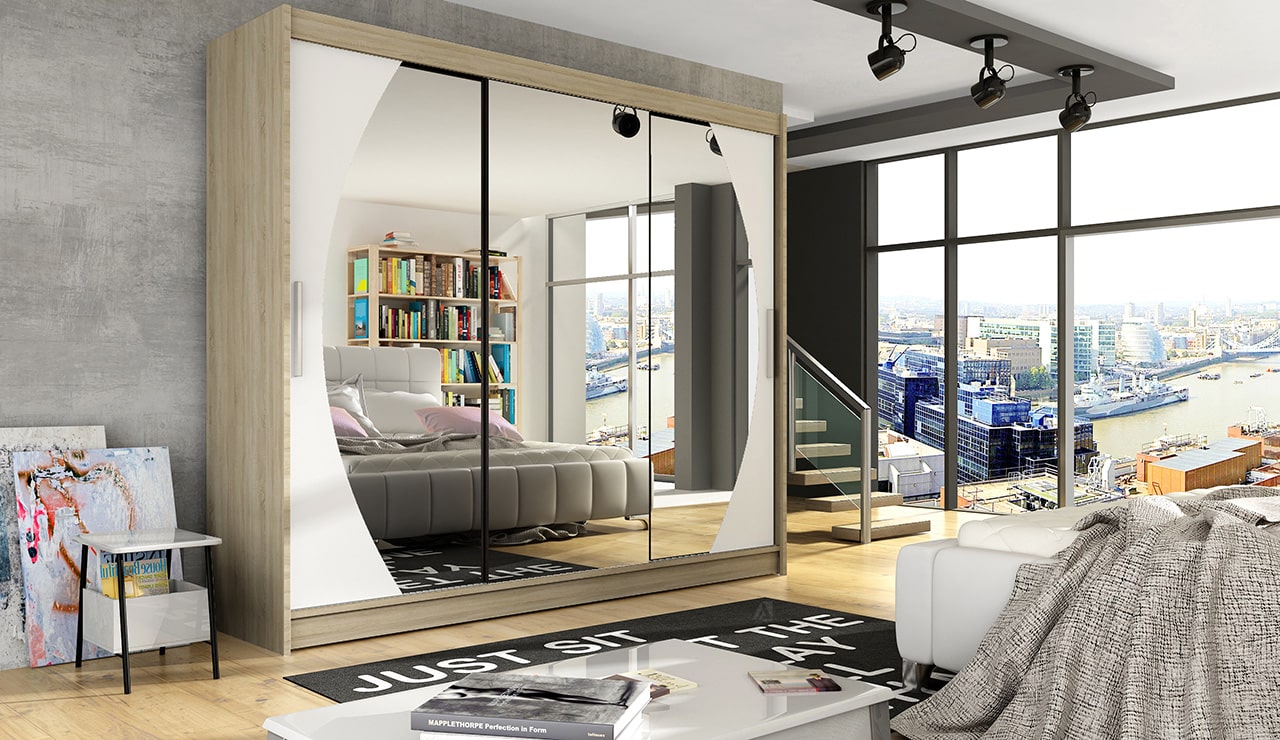 Šatní skříň ASTON V, dub sonoma/bílý mat/zrcadlo