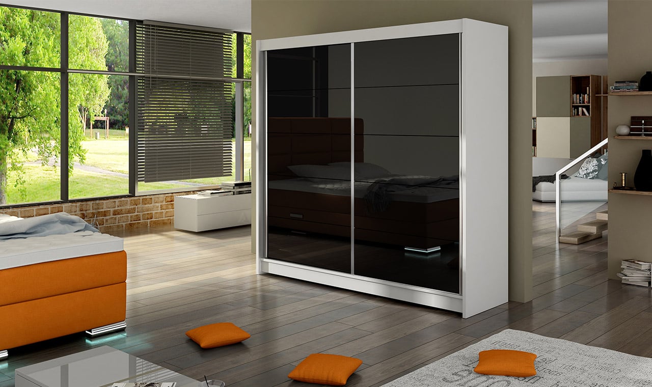 Šatní skříň FALCO I, bílý mat/černé sklo