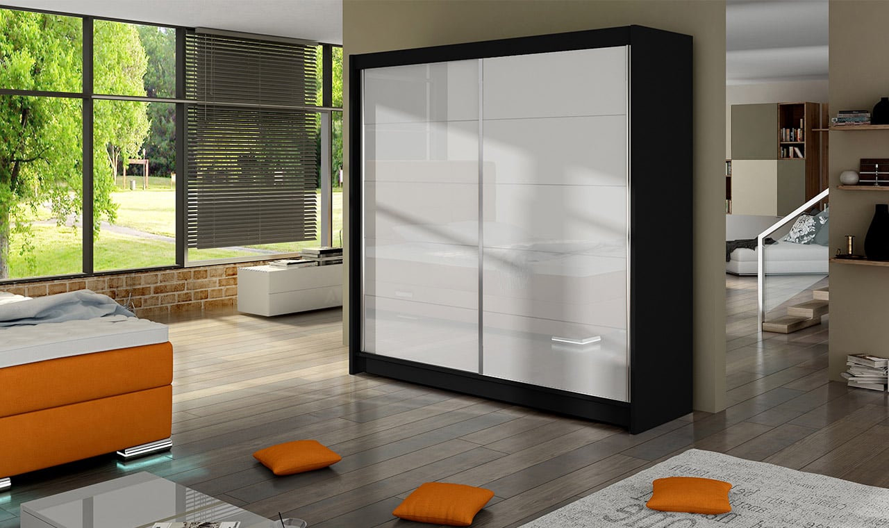 Šatní skříň FALCO I, černý mat/bílé sklo