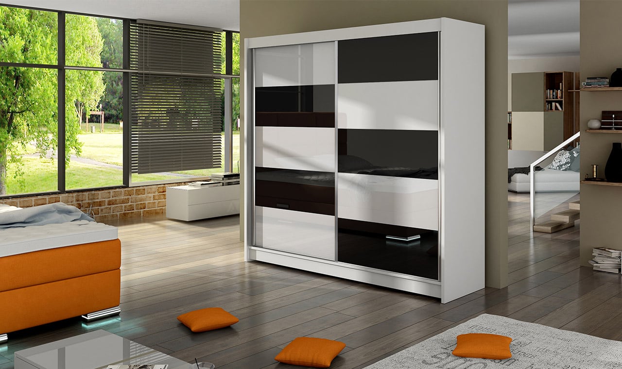 Šatní skříň FALCO II, bílý mat/bílé sklo+černé sklo