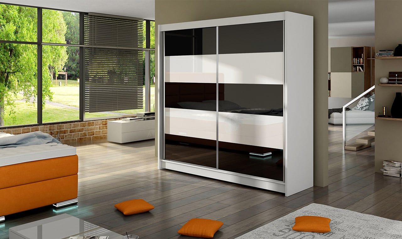 Šatní skříň FALCO III, bílý mat/bílé sklo+černé sklo