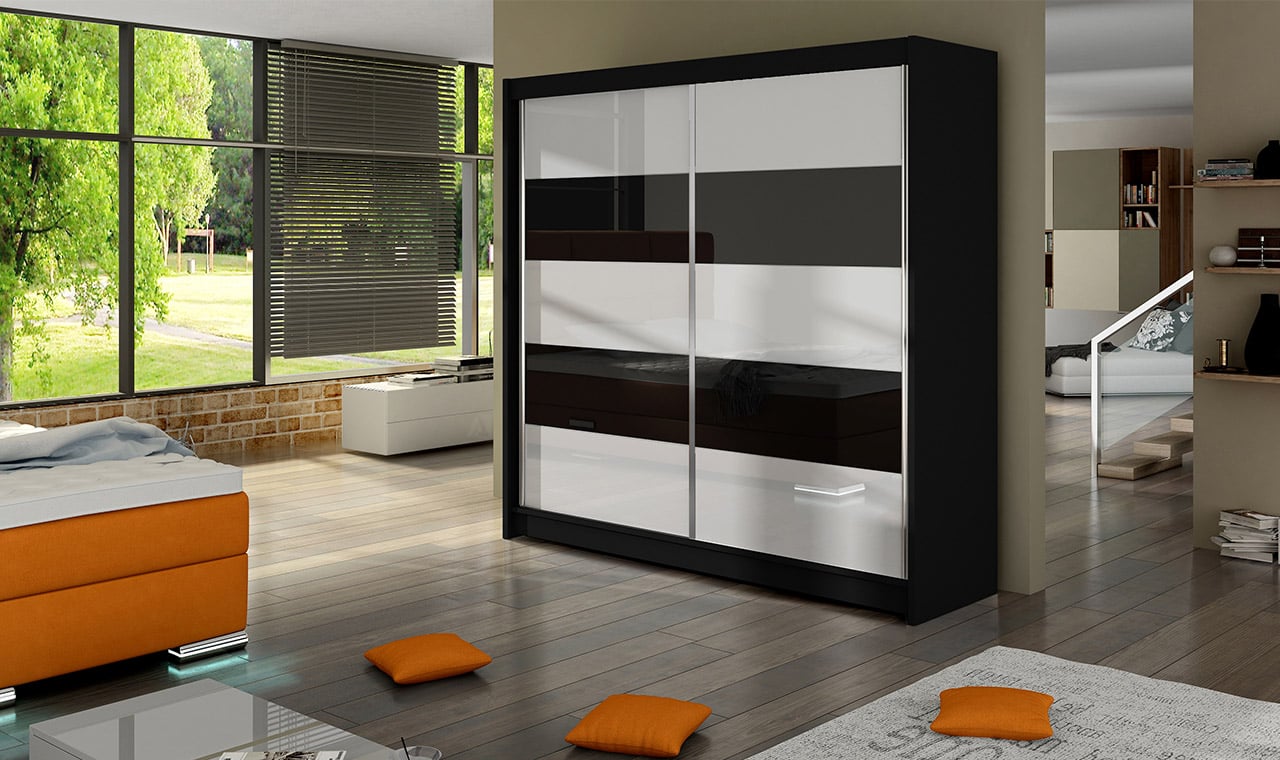 Šatní skříň FALCO III, černý mat/bílé sklo+černé sklo