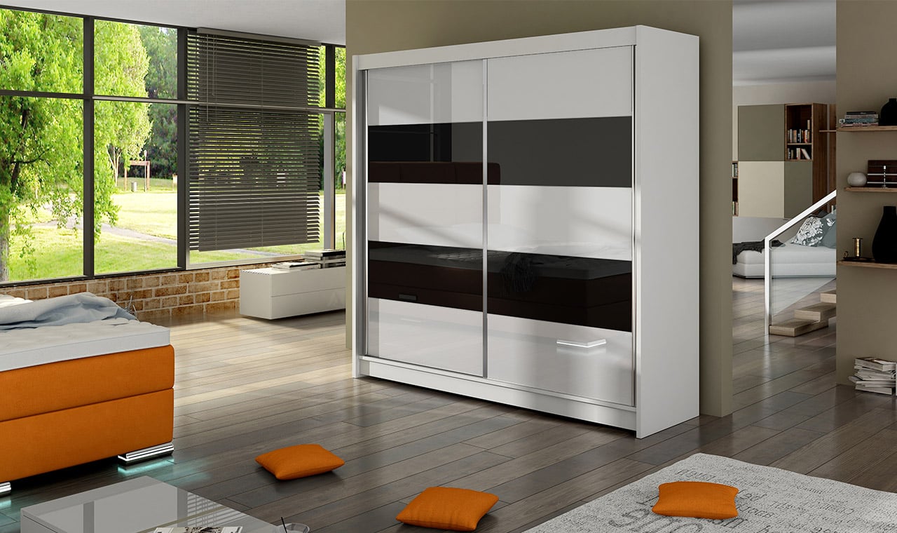 Šatní skříň FALCO IV, bílý mat/bílé sklo+černé sklo