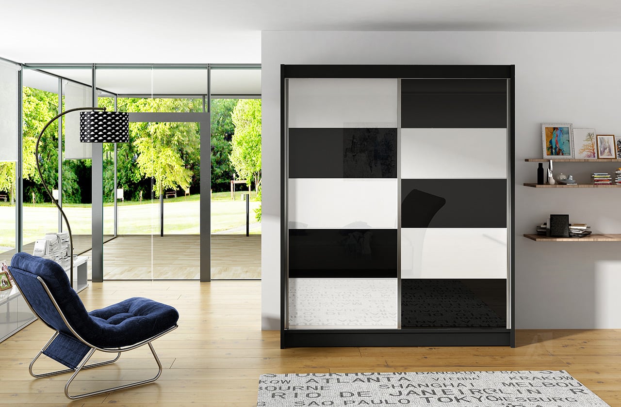 Šatní skříň VITO II, černý mat/bílé sklo+černé sklo
