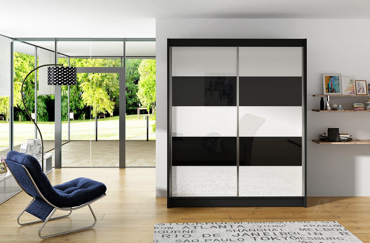 Šatní skříň VITO III, černý mat/bílé sklo+černé sklo