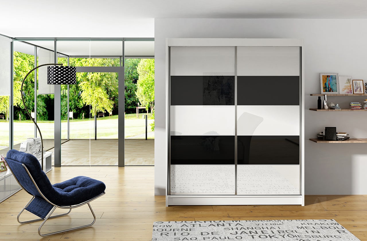 Šatní skříň VITO IV, bílý mat/bílé sklo+černé sklo