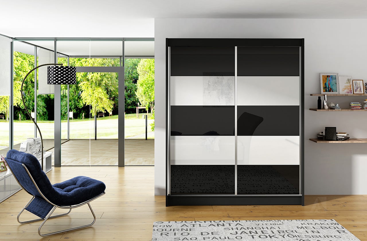Šatní skříň VITO IV, černý mat/bílé sklo+černé sklo