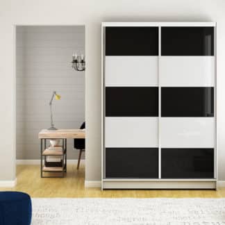 Šatní skříň MONTANA III, bílý mat/bílé sklo+černé sklo