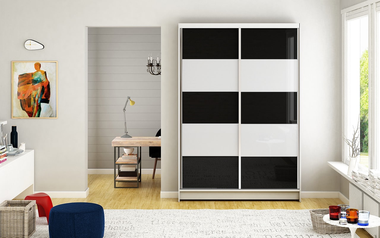 Šatní skříň MONTANA III, bílý mat/bílé sklo+černé sklo