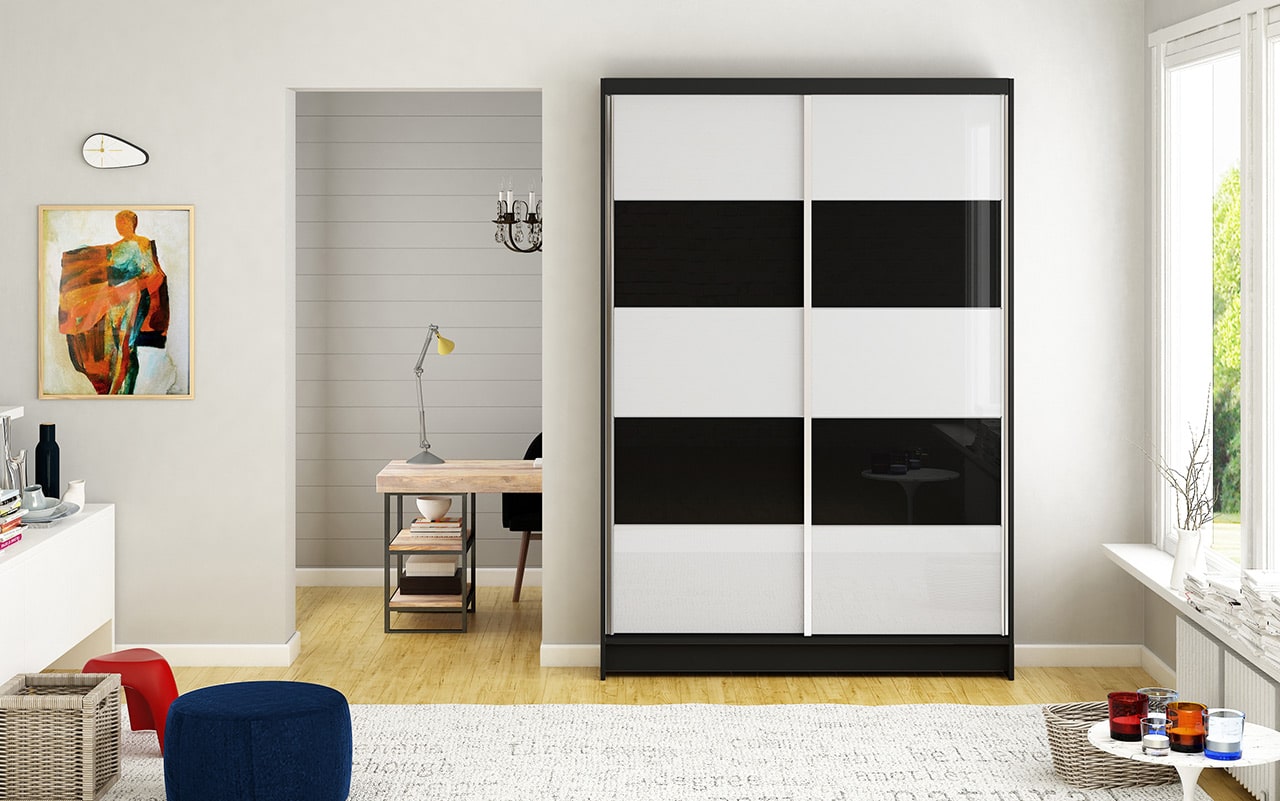 Šatní skříň MONTANA III, černý mat/bílé sklo+černé sklo