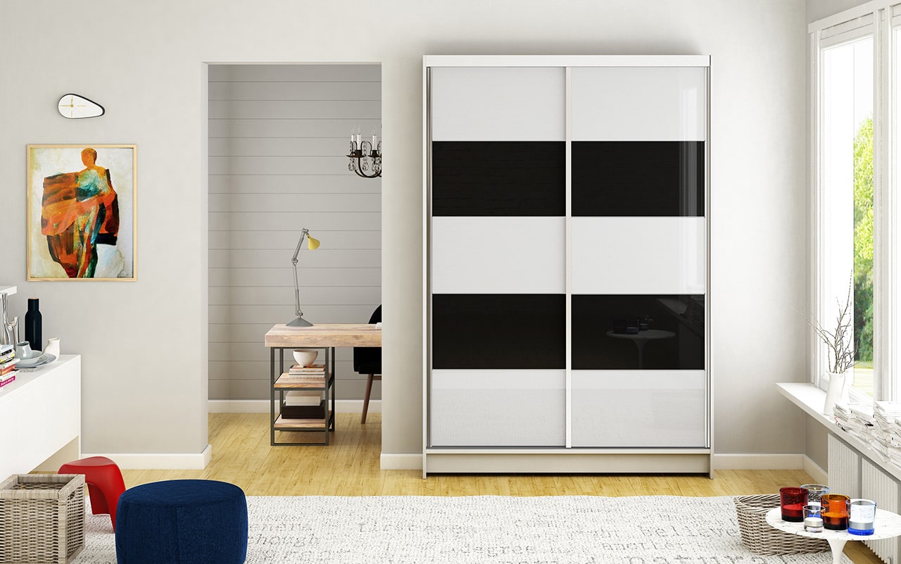 Šatní skříň MONTANA IV, bílý mat/bílé sklo+černé sklo