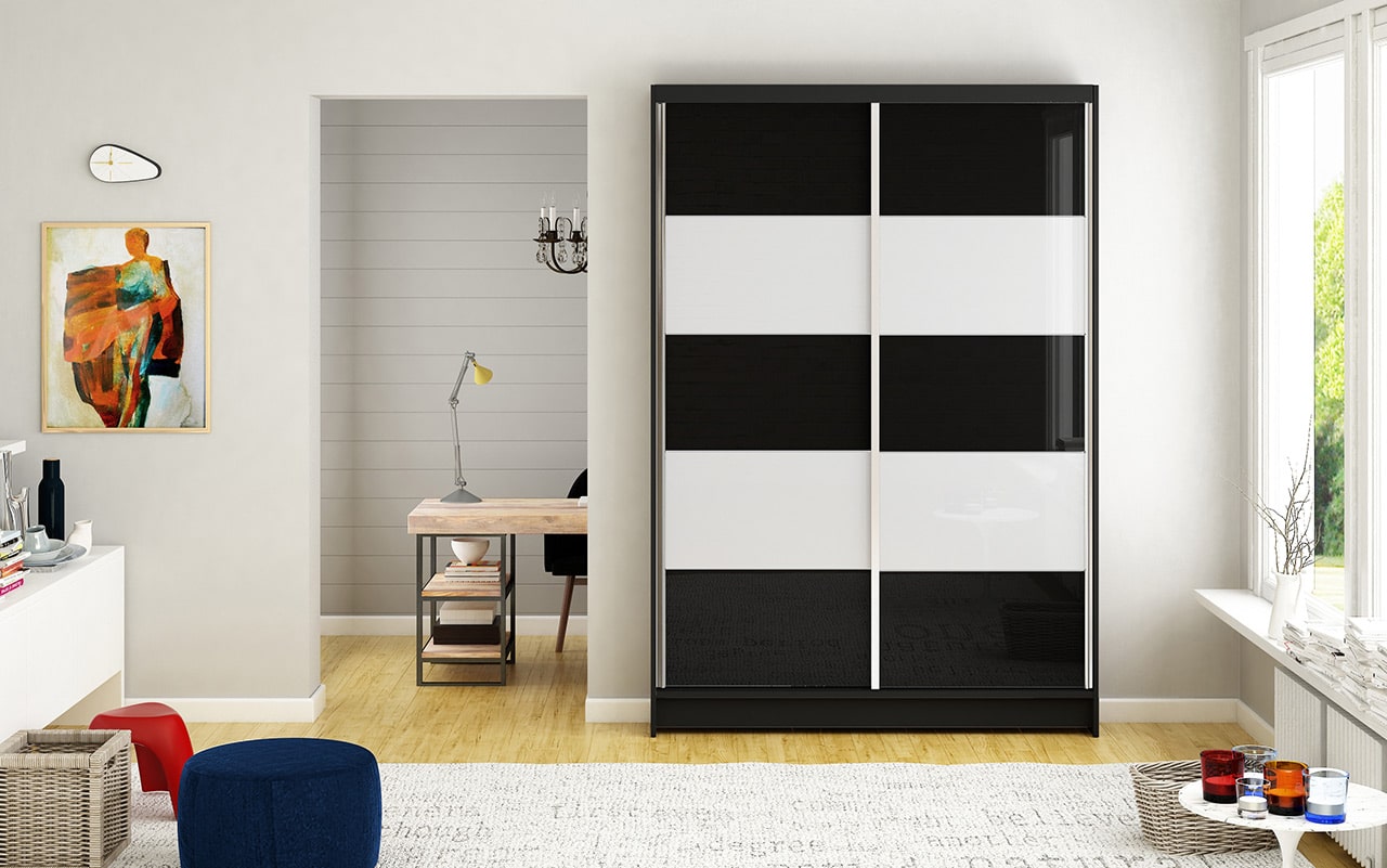 Šatní skříň MONTANA IV, černý mat/bílé sklo+černé sklo