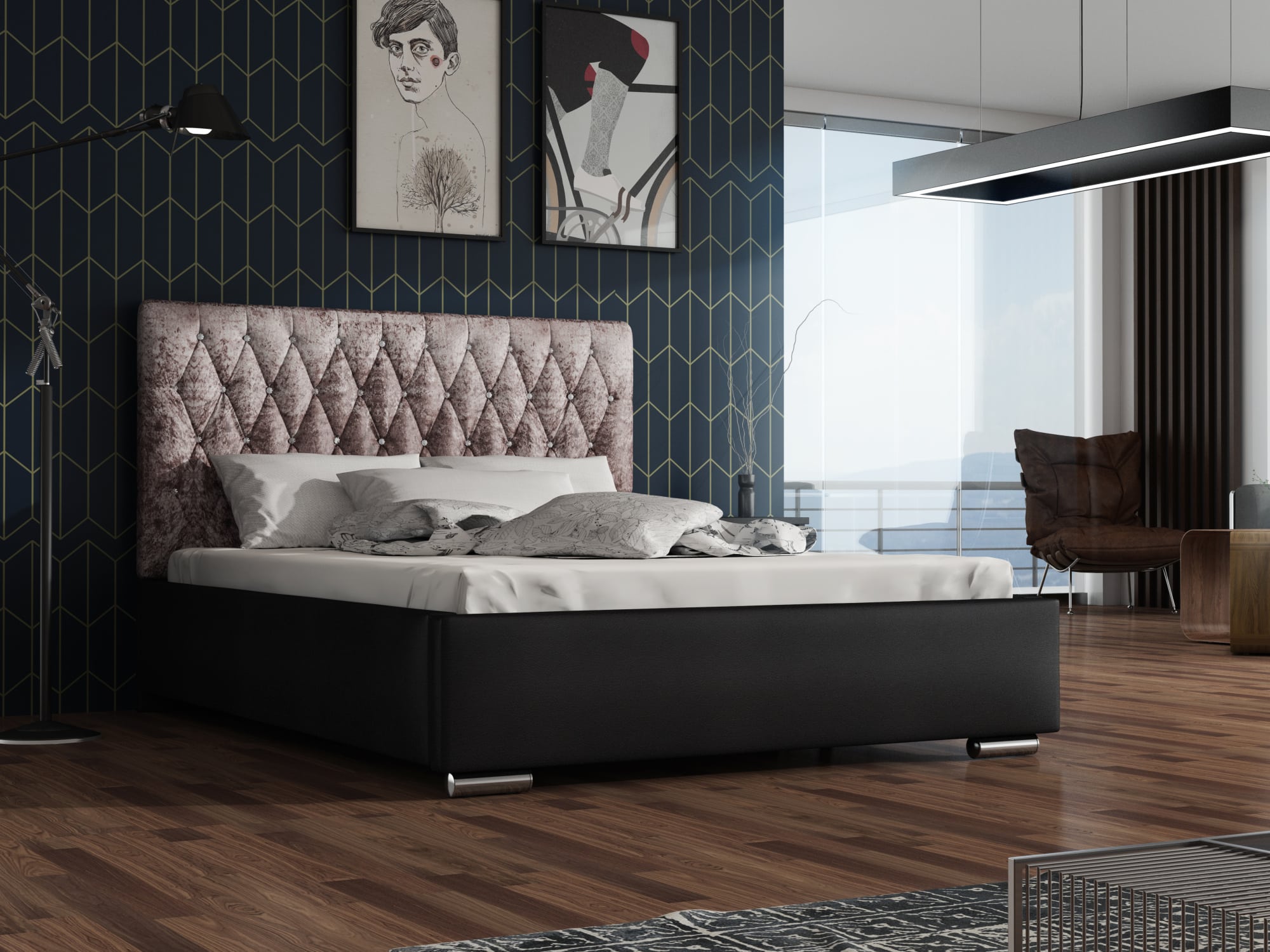 Čalouněná postel TOKIO 140x200 cm, lanýžová látka/černá ekokůže