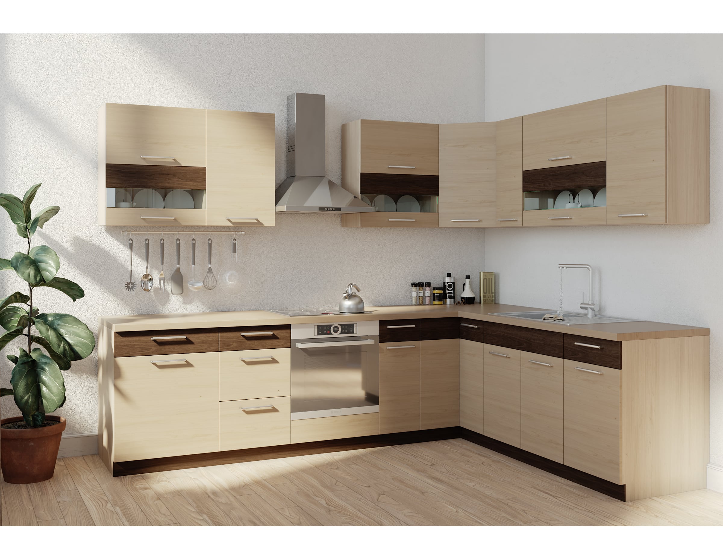 Rohová kuchyně MODENA 285x210, rijeka světlá