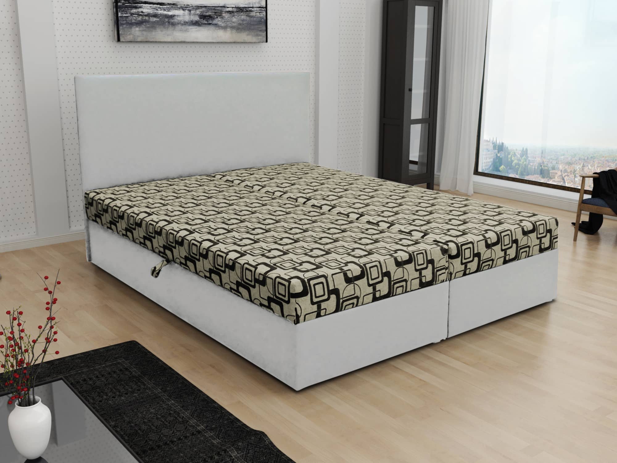 Čalouněná postel JERRY 140x200, béžová látka se vzorem/bílá ekokůže