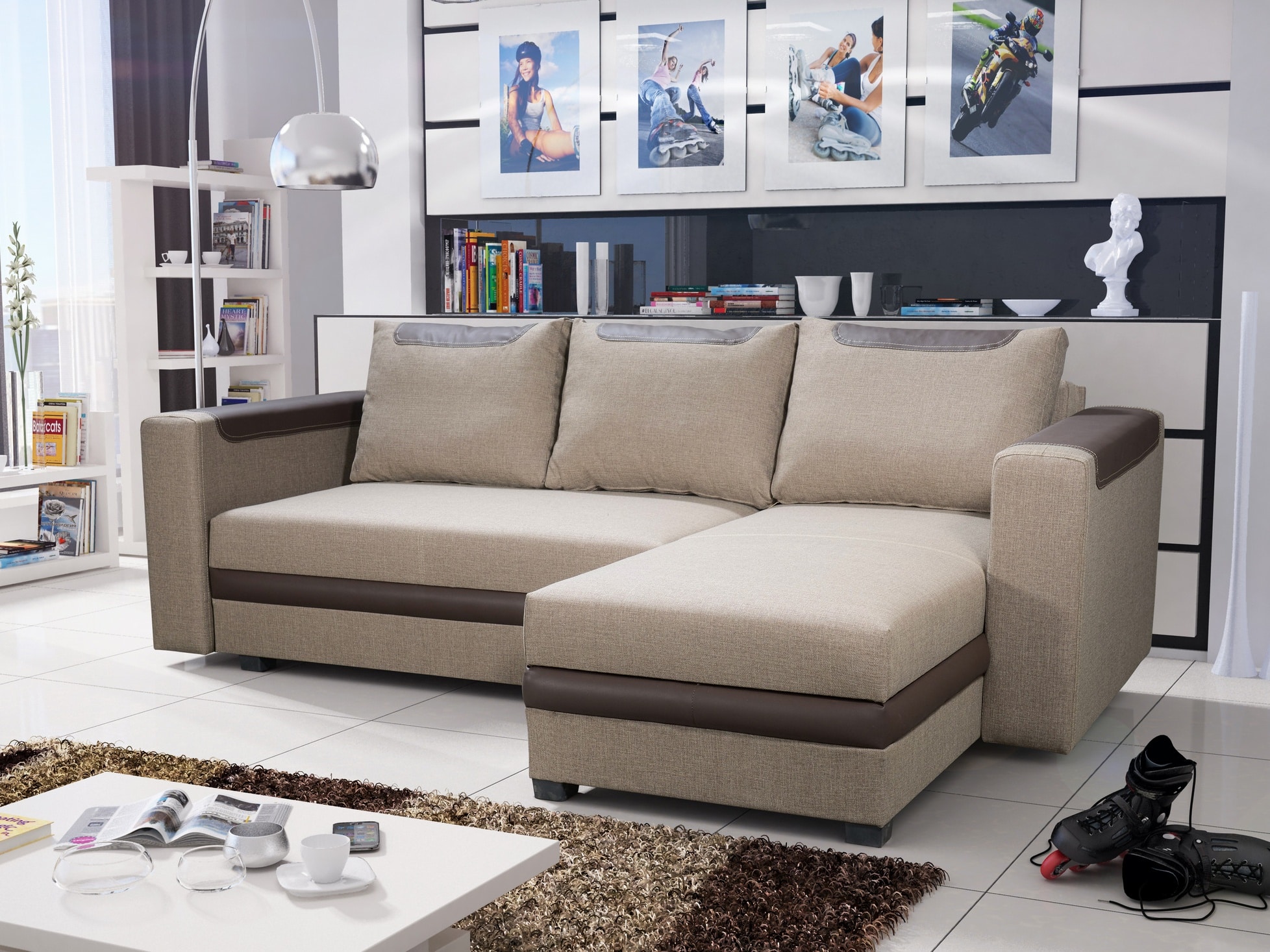 Rohová sedačka BONO 2 univerzální roh, světle hnědá látka/tmavě hnědá ekokůže