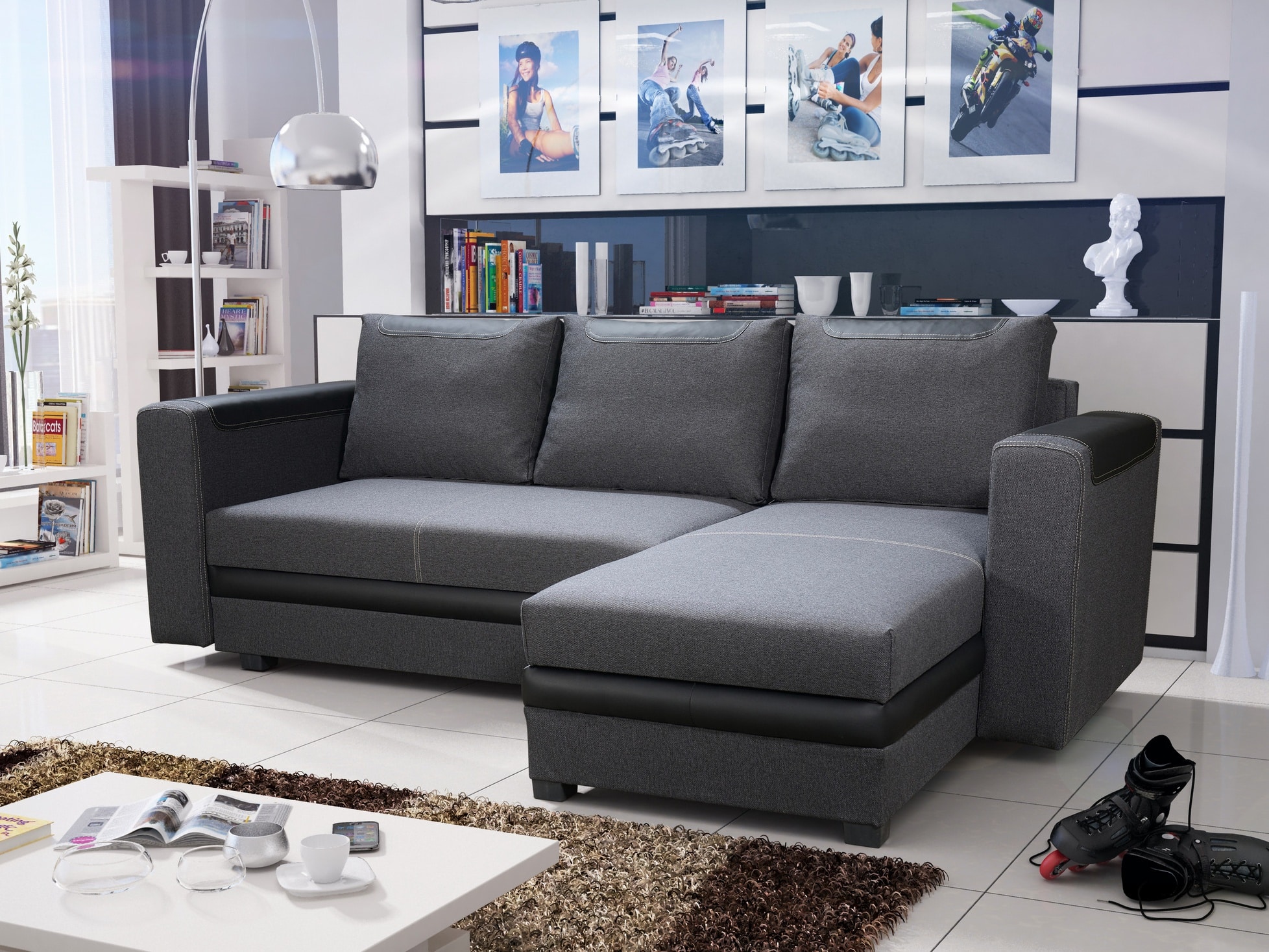 Rohová sedačka BONO 1 univerzální roh, černošedá látka/černá ekokůže