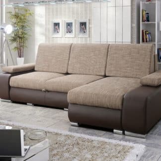 Rohová sedačka LATE 2 univerzální roh, hnědá látka prošitá bílou a béžovou nití/tmavě hnědá ekokůže