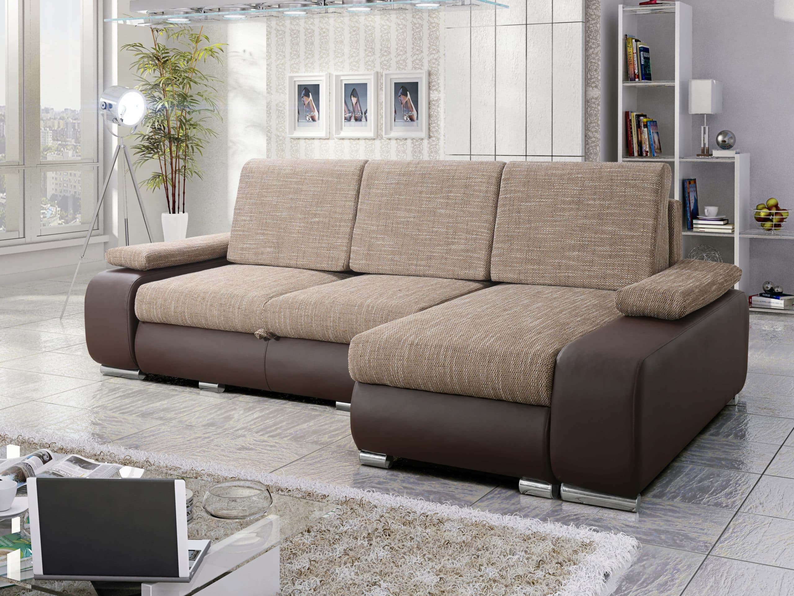 Rohová sedačka LATE 2 univerzální roh, hnědá látka prošitá bílou a béžovou nití/tmavě hnědá ekokůže