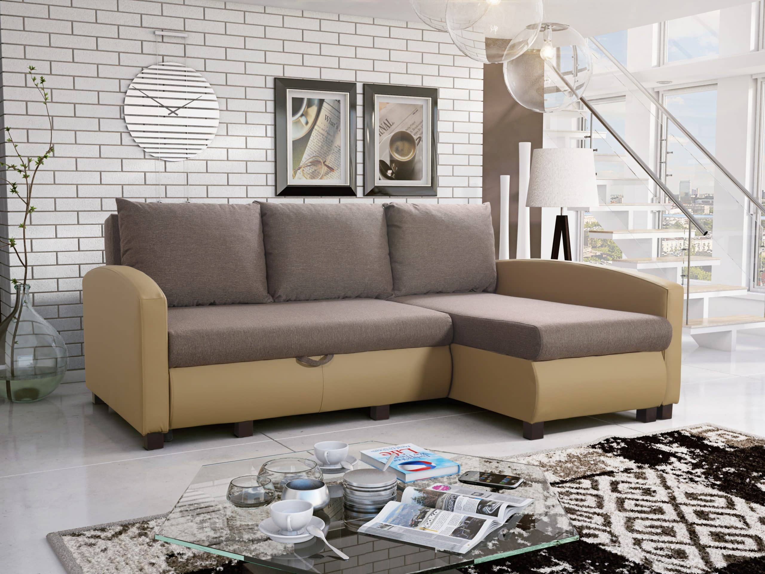 Rohová sedačka PORTO 2 univerzální roh, hnědá látka/světle hnědá ekokůže