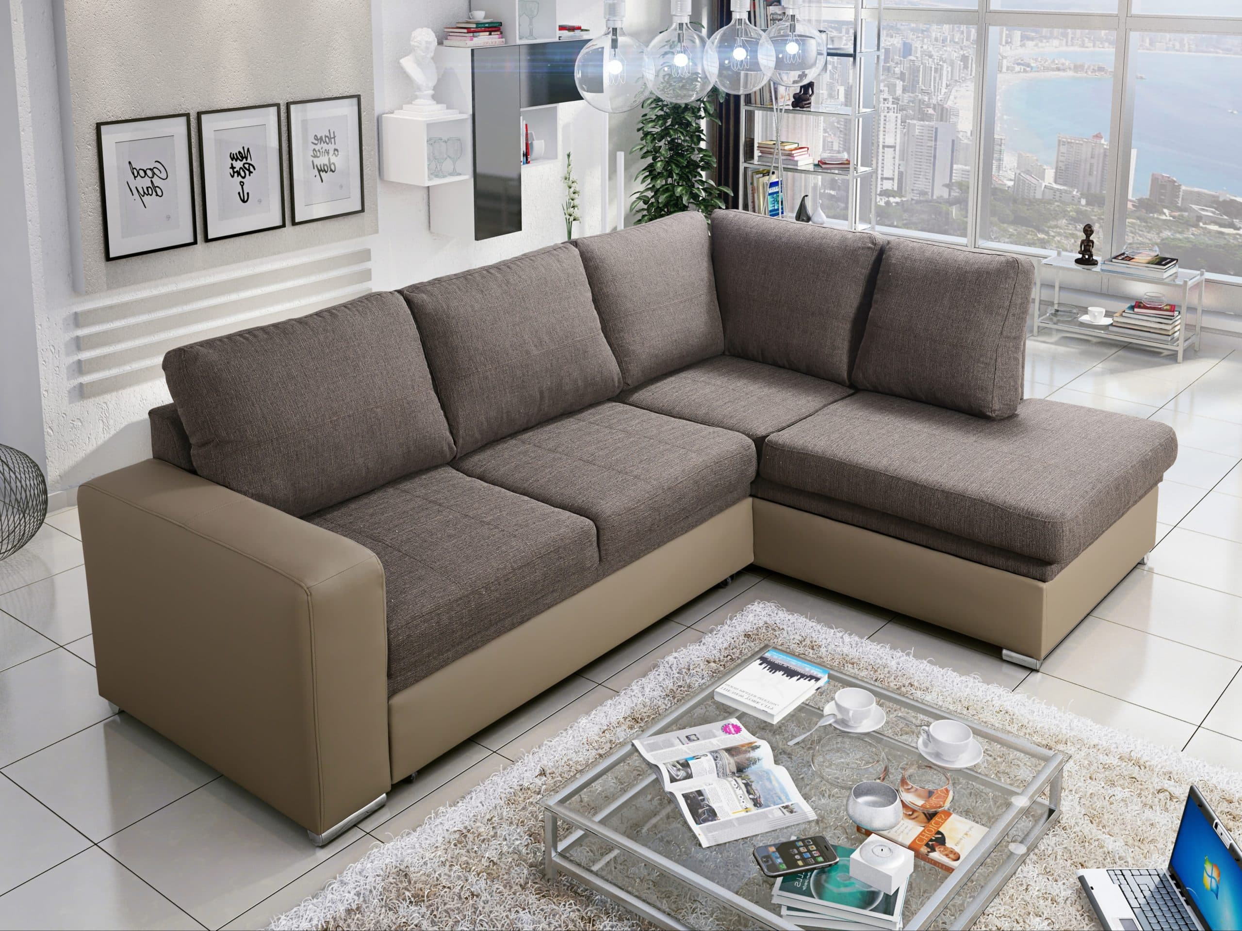 Rohová sedačka WESTPOINT 3 pravá, hnědošedá látka/tmavě béžová ekokůže