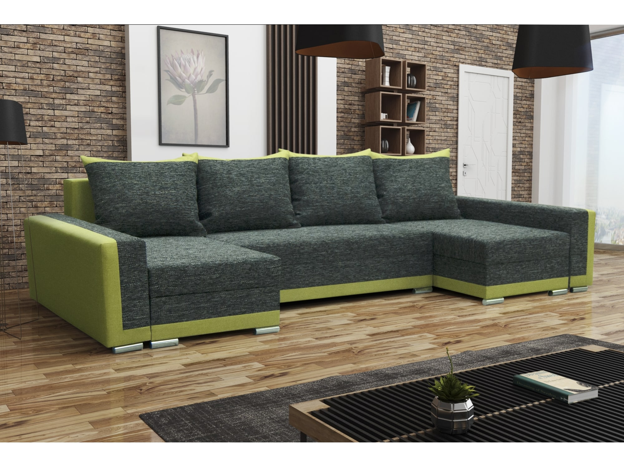 Rohová sedačka MADRYT U, černá látka/zelená látka