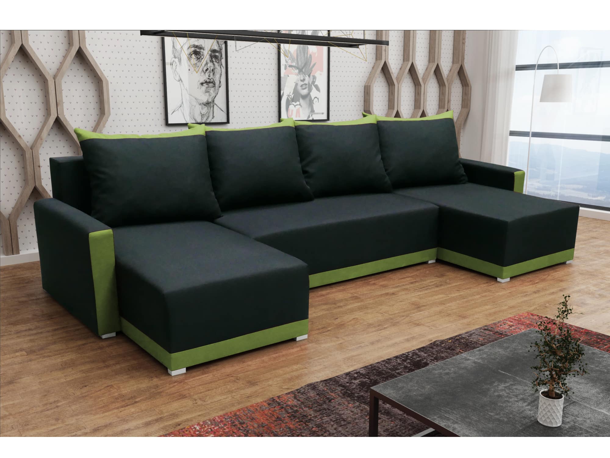 Rohová sedačka BRAGA U, černá látka/zelená látka