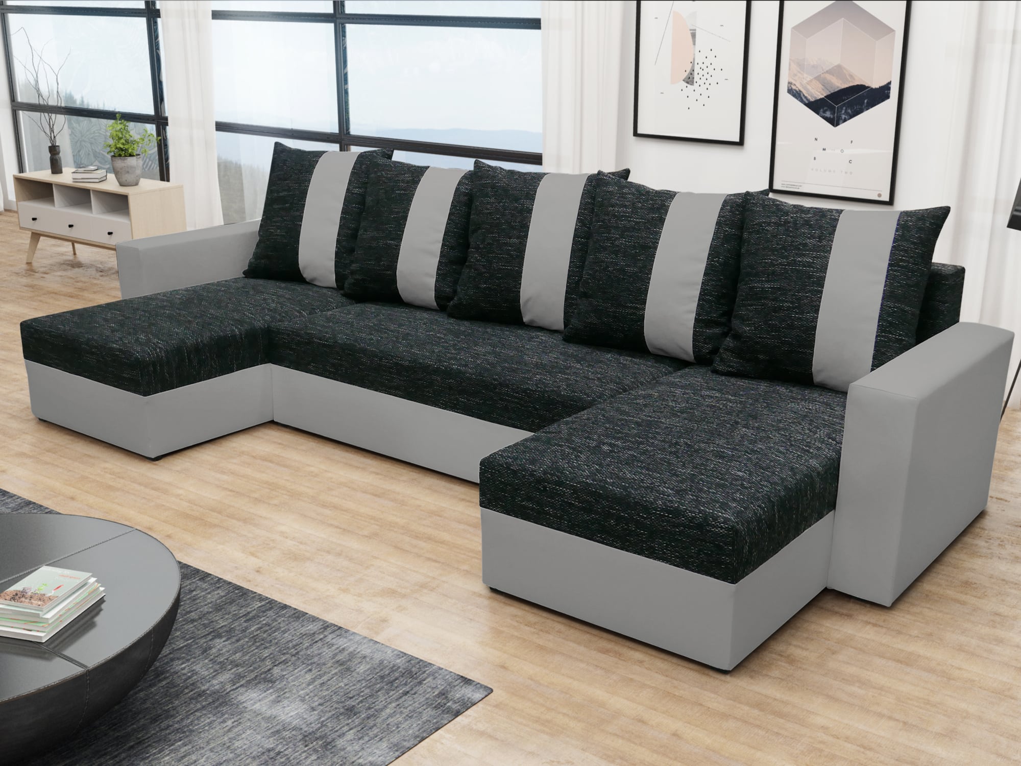 Rohová sedačka PRAGA U, černá látka/šedá ekokůže