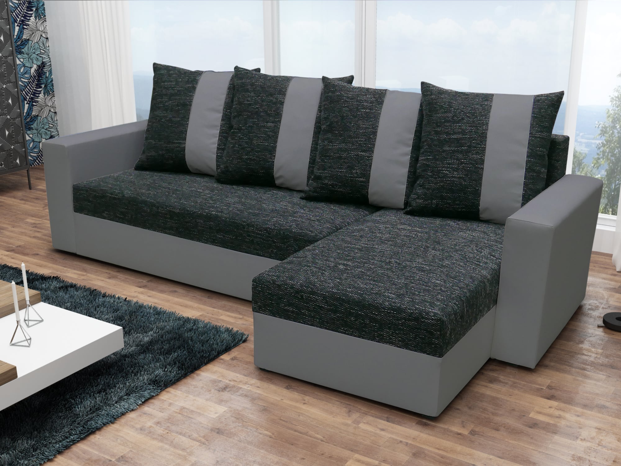 Rohová sedačka PRAGA, černá látka/šedá ekokůže