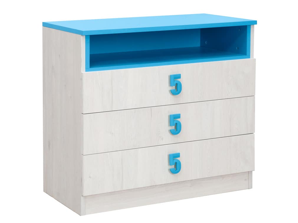 NUMERO komoda 3F, dub bílý / modrá